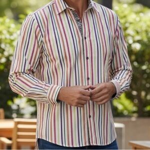 Robert Graham 2XL Multicolor Stripe Button Down Shirt Paisley Trim